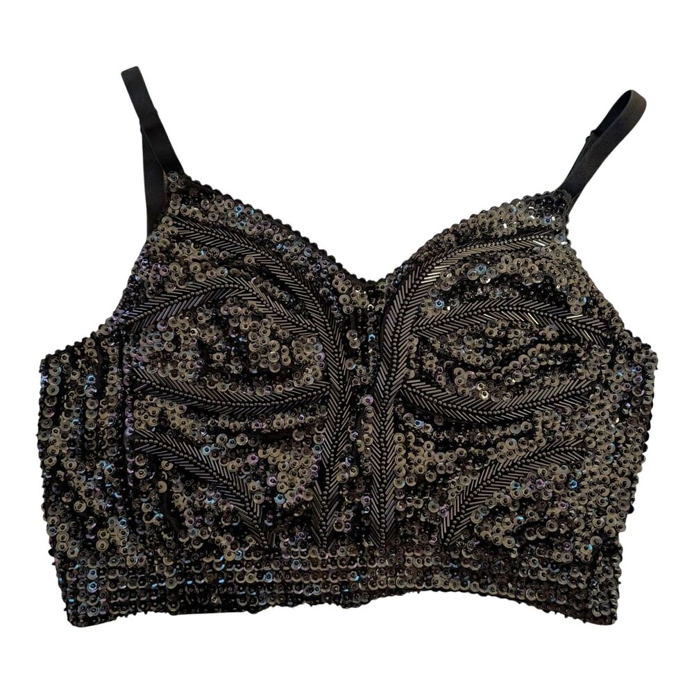 Victoria’s Secret GOLD LABEL Blk Sequin Corset Bustier Bra  Size M/L EUC VINTAGE